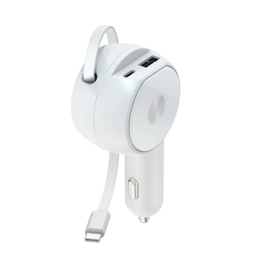Retractable cable car charger super fast charging 60W smart dual fast charging cigarette lighter car charger factory direct sales