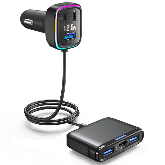 Car charger fast charging 115W high power output one to six atmosphere lights, voltage digital display